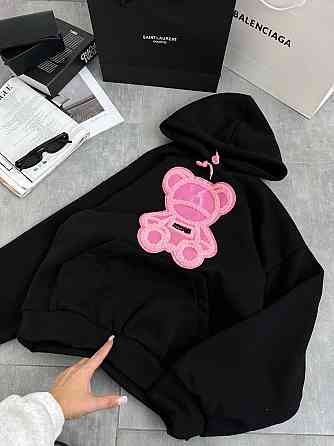 Жіноча тепла оверсайз худі з рожевим ведмедиком тринитка на флісі Одеса
