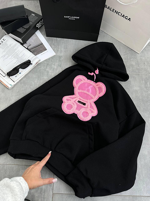 Жіноча тепла оверсайз худі з рожевим ведмедиком тринитка на флісі Одеса - фото 4