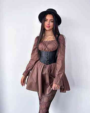 Женское стильное базовое платье с корсетом натуральный коттон + эко кожа 46/48 Одесса