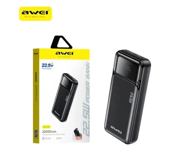 Зовнішній акумулятор Power Bank AWEI PA-92 20000 мА·год 22.5W QC3.0 PD дисплей швидка зарядка, LED індикатор QC Одеса - фото 2
