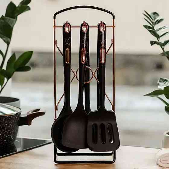 Набір кухонного приладдя на підставці 6 штук кухонні аксесуари Чорний під мармур YRUR5 Коломия