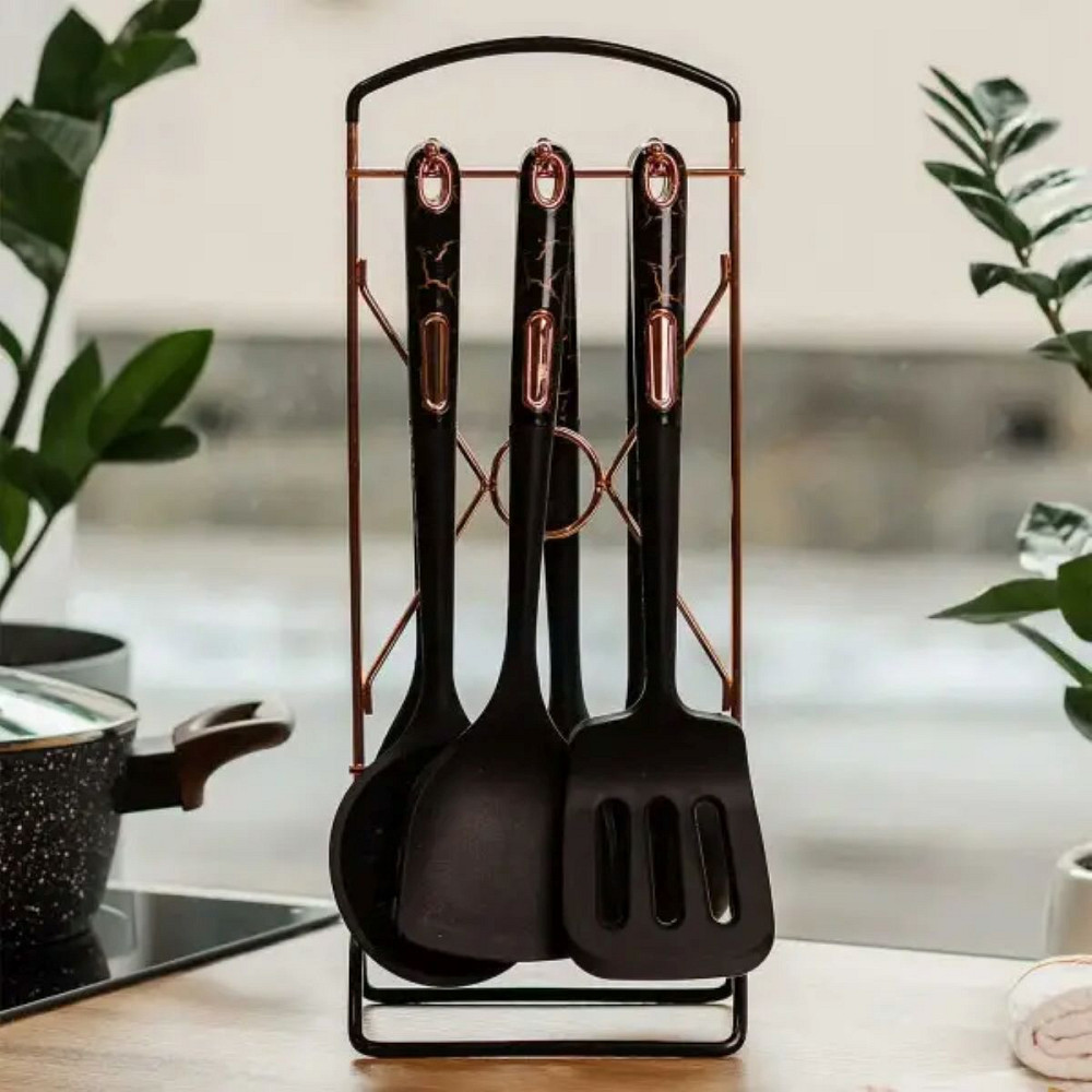 Набір кухонного приладдя на підставці 6 штук кухонні аксесуари Чорний під мармур YRUR5 Коломия - фото 2