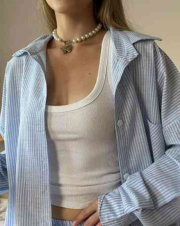 Женский стильный повседневный костм двойка лен- коттон полоска Голубой, 46/48 Одесса