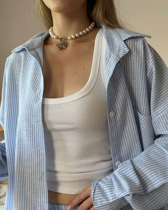 Женский стильный повседневный костм двойка лен- коттон полоска Голубой, 46/48 Одесса - изображение 3