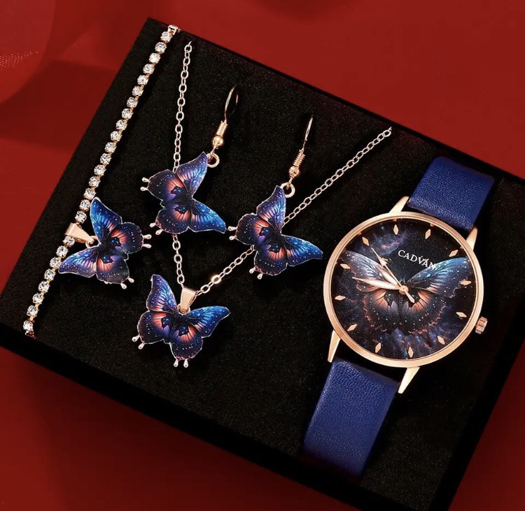 Подарочный набор для женщин Бабочка: наручные часы, браслет, ожерелье и серьги- без подарочной коробки, синий Киев - изображение 1