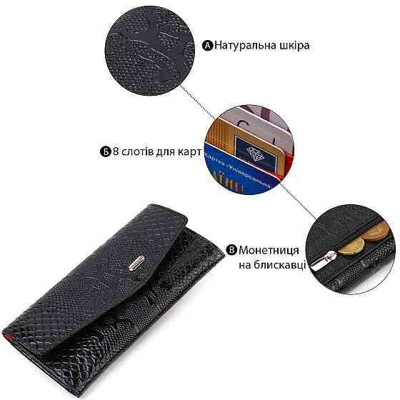 Фактурное женское лакированное портмоне из натуральной кожи с тиснением под змею CANPELLINI 21700 Черное Киев