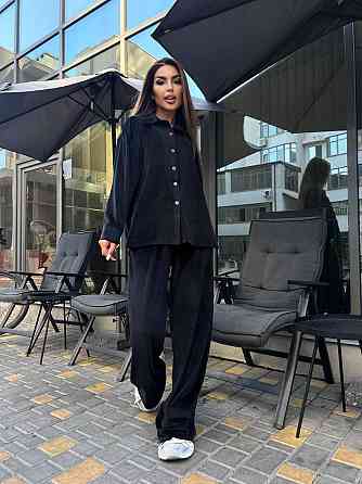 Женский прогулочный костюм двойка: рубашка + штаны палаццо турецкий велюр спорт Черный, 42/44 Одесса