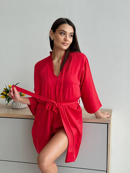Халат женский сатиновый под пояс длина 90см Красный XL/2XL Харьков - изображение 12