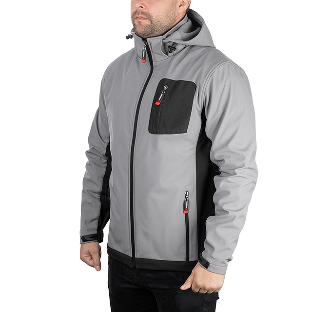 Куртка SOFTSHELL світло-сіро/чорна, з капюшоном, тришарова, стрейч 300 GSM 100D, водо-/вітрозахист, 96% поліестер / 4% еластан, 3 кишені, S Львів - фото 2