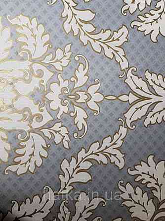 Обои виниловые на флизелине метровые Marburg Kingdom 31503 вензеля завитки молочные с золотом на сером фоне Киев