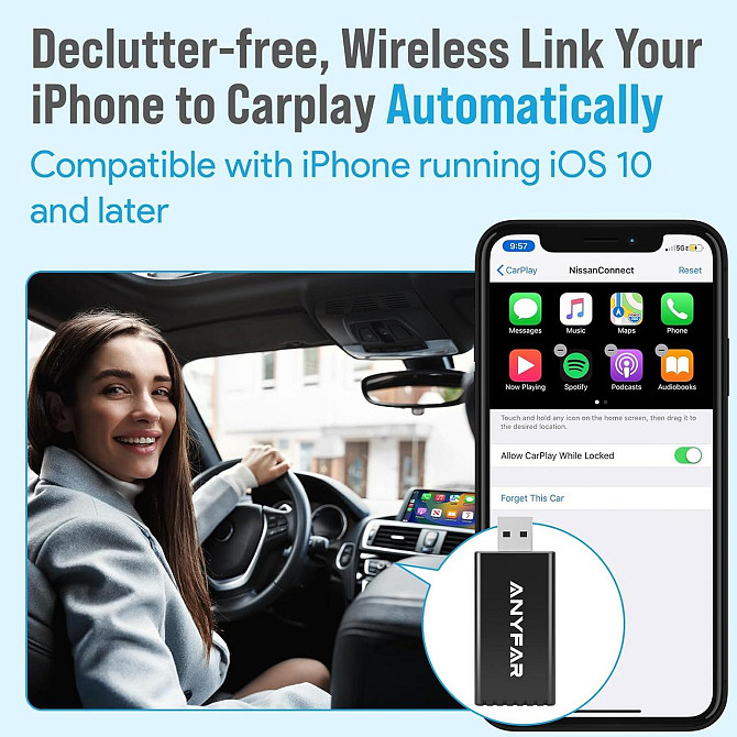 CarPlay для iPhone, конвертер провідного карплей для iOS 10+, бездротовий адаптер для авто з 2017р, з Bluetooth Wi-Fi Київ - фото 3