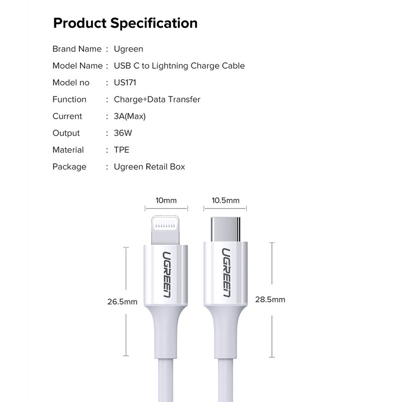 Кабель USB 2.0 Type-C M-Lightning M, 2 м, 3A, Nickel Plating ABS Shell Білий, US171 UGREEN Вінниця - фото 7