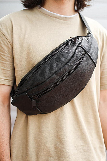 Кожаная мужская бананка, поясная сумка SL003 (Черная) Сумы - изображение 2