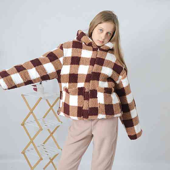 Жіноча тепла шубка тедді в коричневу карту з капюшоном 44/46 Кам'янець-Подільський