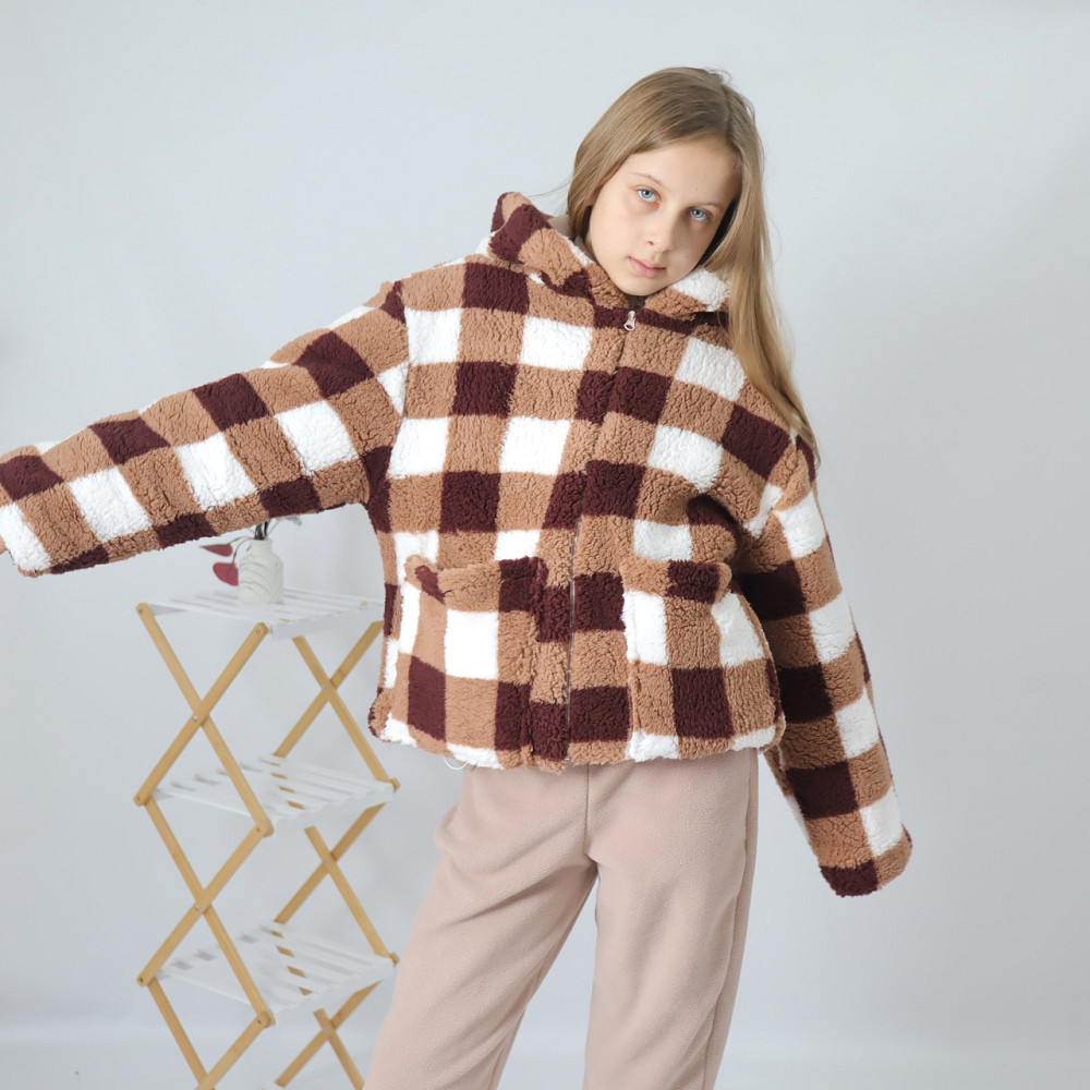 Жіноча тепла шубка тедді в коричневу карту з капюшоном 44/46 Кам'янець-Подільський - фото 4