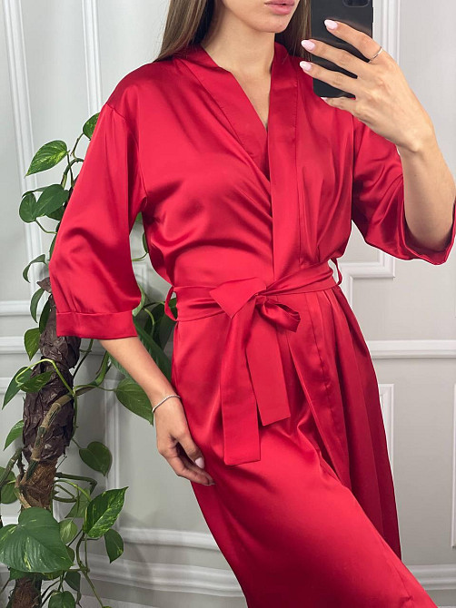 Халат женский шелковый под пояс Красный XL Харьков - изображение 4