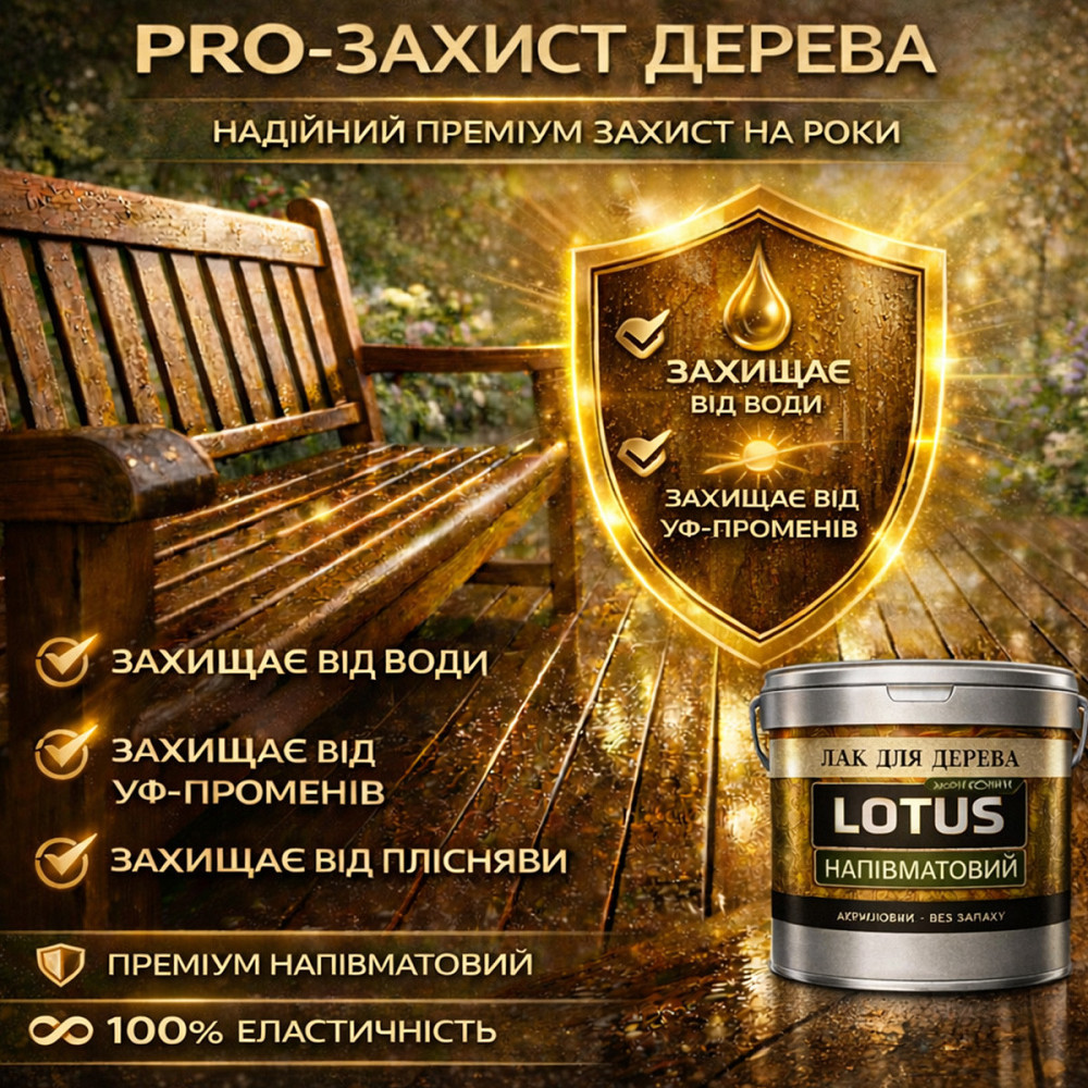 Лак акриловий для дерева LOTUS напівматовий прозорий зносостійкий універсальний для підлоги меблів та фасаду без запаху 5 л Харків - фото 10