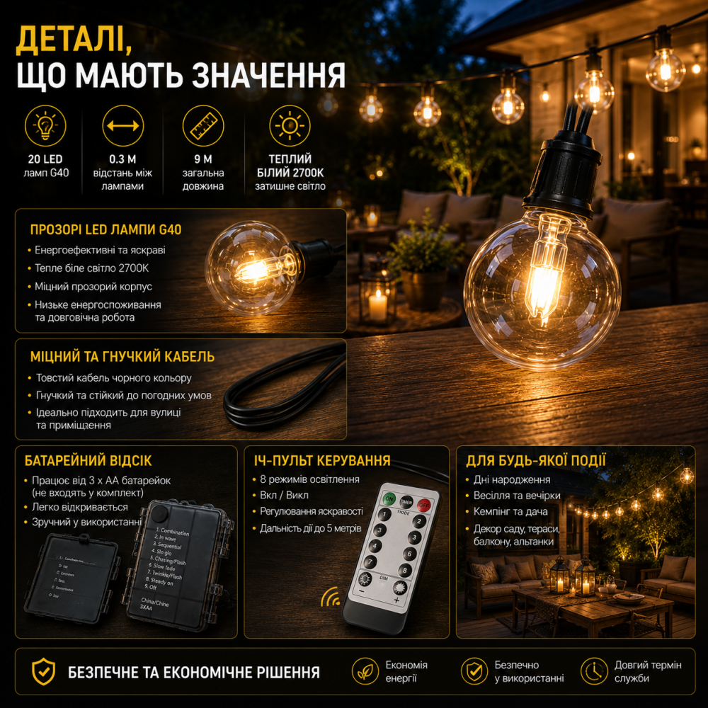 Светодиодная гирлянда G40 9 м 20 LED, теплый белый свет, 8 режимов, пульт ДУ, 3×AA, IP44 Киев - изображение 4