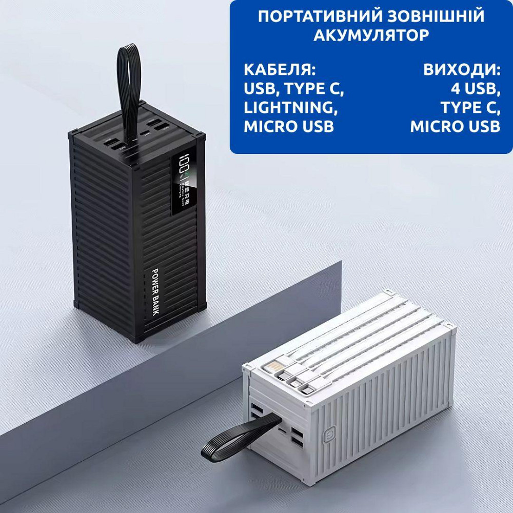 Портативний зовнішній акумулятор, потужний павербанк 20000мАг, Powerbank зі швидкою зарядкою та кабелями Black Кам'янець-Подільський - фото 2