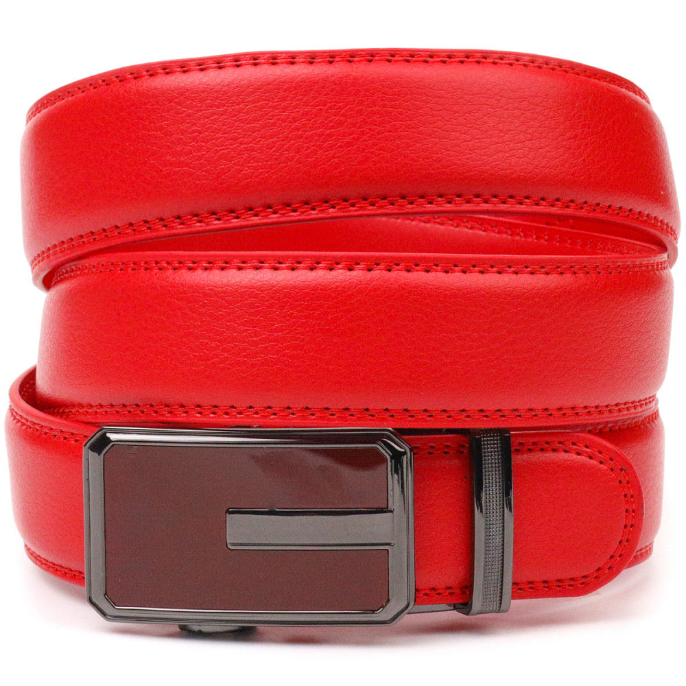 Брючный ремень с пряжкой-автомат из натуральной кожи Vintage 20220 Красный Киев - изображение 1