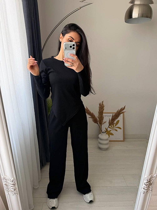 Женский стильный повседневный костюм двойка турцкий рубчик Черный, 50/52 Одесса - изображение 5