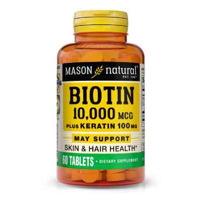 Вітамін Mason Natural Біотин 10000мкг з кератином, Biotin Plus Keratin, 60 таблето (MAV-17655) Вінниця