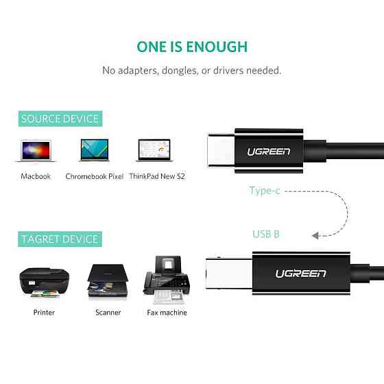 Кабель для принтера USB type С 2.0 - USB type B Ugreen US241 50446 (Черный, 2м) Николаев