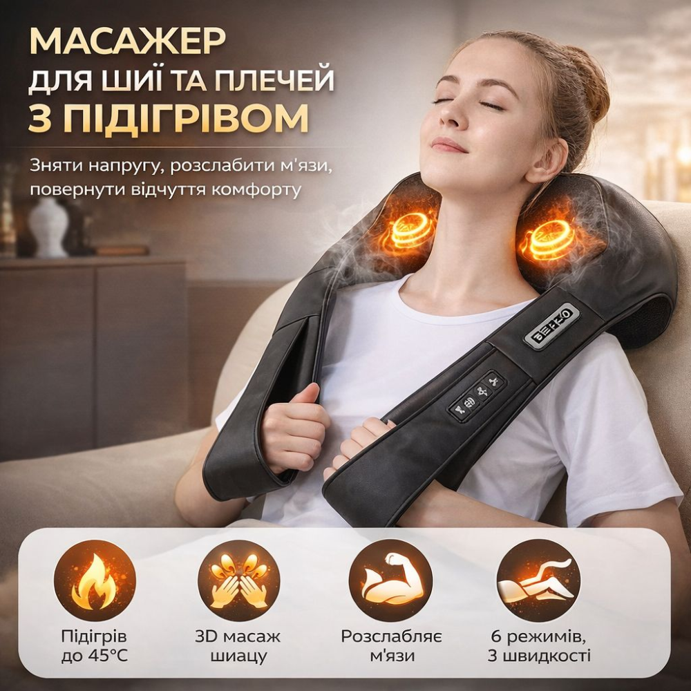 Массажер для спины и шеи AERLANG Shiatsu глубокий разминающий массаж шеи и плеч с подогревом, электрическая массажная подушка Киев - изображение 1