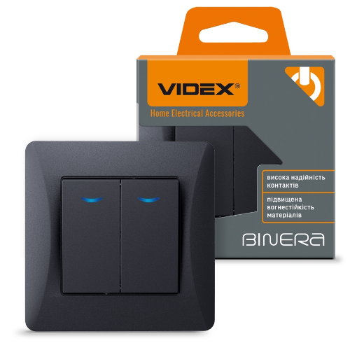 BINERA чорний графіт Вимикач внутрішній 2кл з підсвічуванням Videx Житомир - фото 2