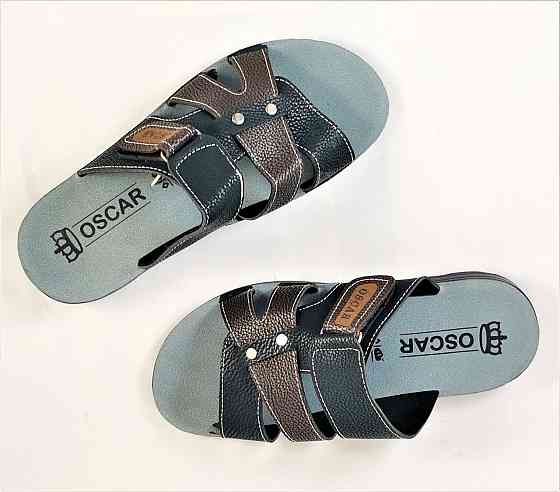 Мужские Шлёпанцы Тапочки Сланцы Чёрные с Коричневым Кожаные (размеры: 41,42,44,45) Днепр