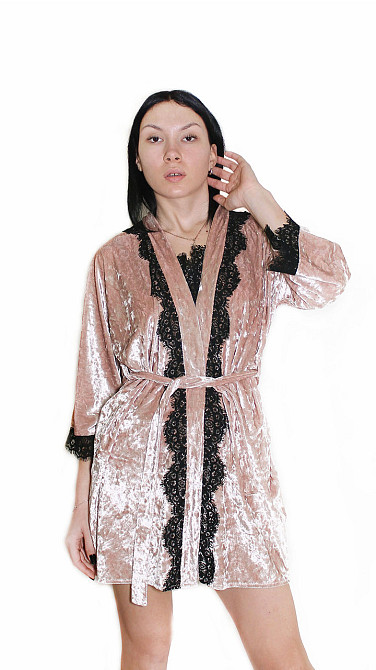 Халат жіночий із мармурового велюру під пояс Бежевий M/L Харків - фото 1