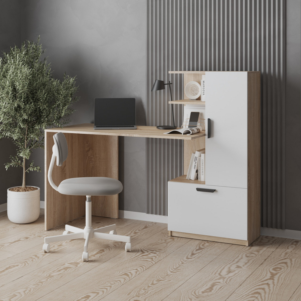 Компьютерный стол VAYS M-52 Дуб Сонома-Белый, с тумбой и полками направо, письменный стол для дома и офиса, ЛДСП, 150×58×122 см Дуб Сонома-Белый Львов - изображение 1