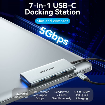 Концентратор Vention USB 3.1 Type-C to HDMI/USB 3.0x3/SD/TF/PD 100W 7-in-1 (TOPHB) Вінниця - фото 8