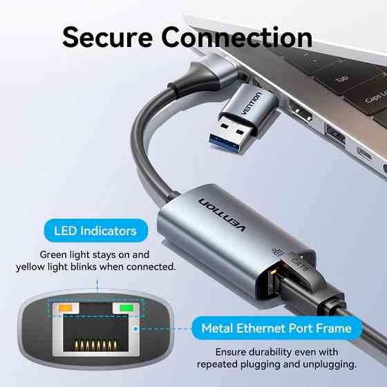 Перехідник USB 3.1 Type-C/USB-A --> Ethernet RJ45 1000Mb сірий Aluminum Alloy Type Vention Вінниця