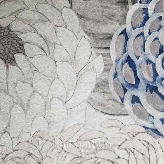 Шпалери вінілові Decoprint Breeze квіти хризантеми великі сині, білі, бежеві, сірі чорні акварель 0.53х10 м Київ