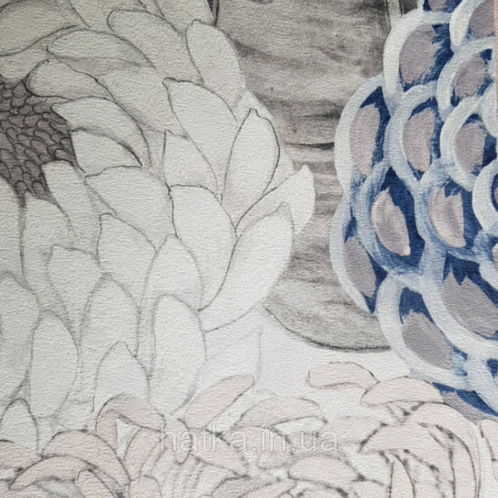Шпалери вінілові Decoprint Breeze квіти хризантеми великі сині, білі, бежеві, сірі чорні акварель 0.53х10 м Київ - фото 3