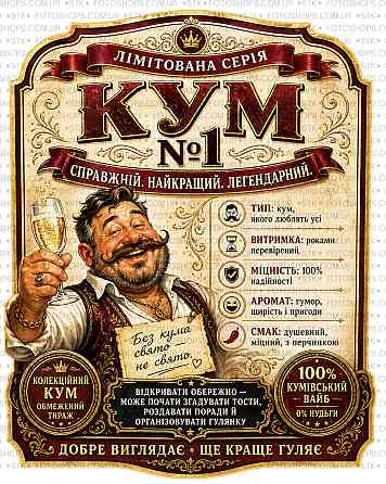 Етикетки на пляшку вина або ігристого для кума “Кум №1” | Прикольний подарунок куму | Етикетка + контретикетка Одеса