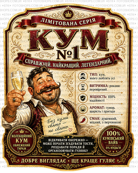 Етикетки на пляшку вина або ігристого для кума “Кум №1” | Прикольний подарунок куму | Етикетка + контретикетка Одеса - фото 1