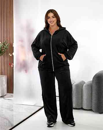 Жіночий велюровий костюм на блискавці з капюшоном, прямі брюки, Чорний, розмір 54/56 Лубни