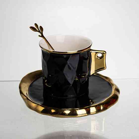 Чашка фарфоровая для кофе 200 (мл) с блюдцем и ложкой,красивая чашка в подарок Черный с золотом FM-1A SBR Киев