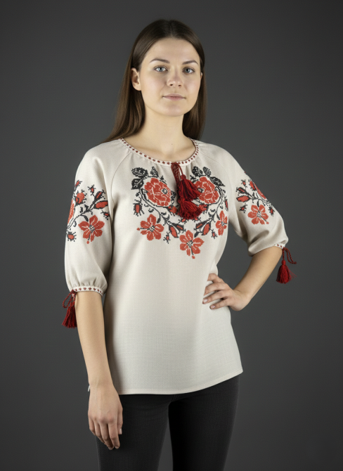 Вышитая женская рубашка с цветочным орнаментом Розы красные Киев - изображение 2