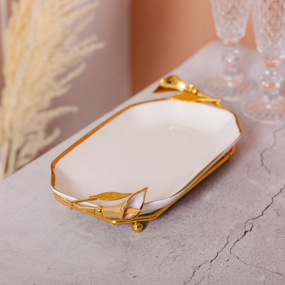 Yiwu порцелянова фруктовниця на підставці 26×15×3.5 см Біла із золотом HP-7-5 Киев - изображение 7