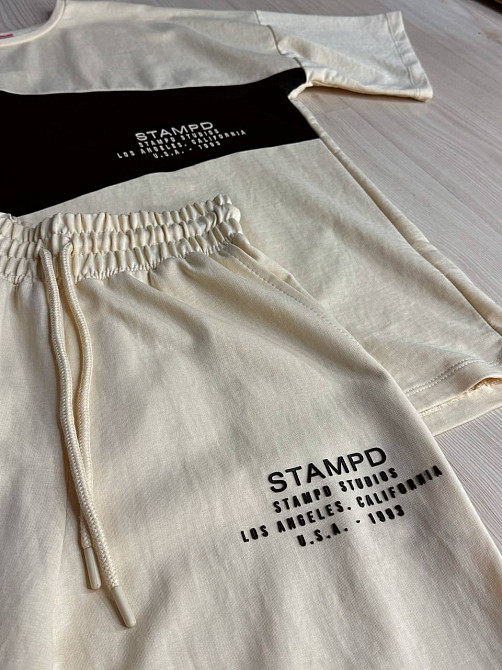 Костюм женский CAPPITONE 3162 оверсайз с черной вставкой футболка и брюки палаццо бежевый, бежевый, M Киев - изображение 9