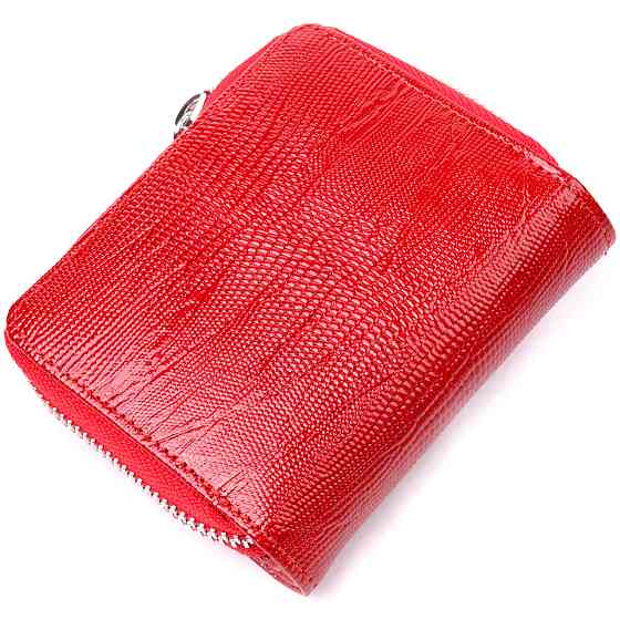 Лакированный женский кошелек с монетницей на молнии из натуральной фактурной кожи KARYA 21410 Красный Киев