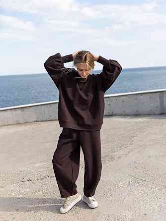 Женский оверсайз костюм: объемная кофта с трендовыми брюками бананами турецкий дабл фейс 100% хлопок Шоколад Одесса