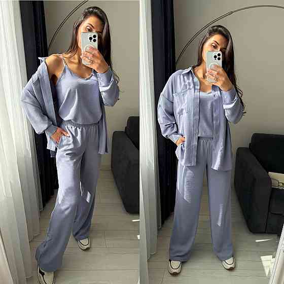 Женский базовый костюм тройка: рубашка майка и штаны креп жатка Серый, 46/48 Одесса