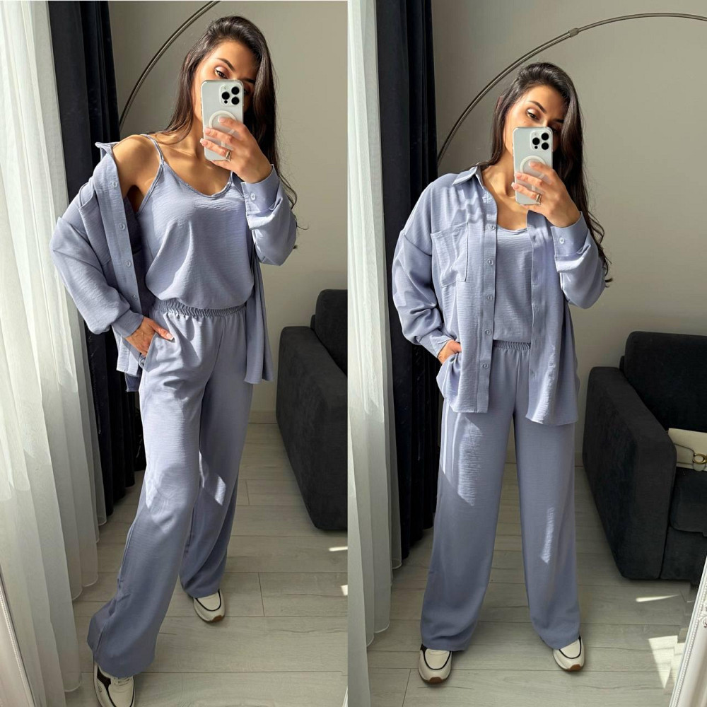 Женский базовый костюм тройка: рубашка майка и штаны креп жатка Серый, 46/48 Одесса - изображение 4