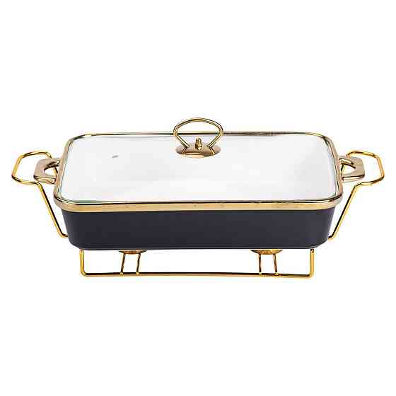 Мармит фарфоровый со стеклянной крышкой 40х22.5х15.5 см на металлической подставке 2 л Черный HTJ-1003 Киев