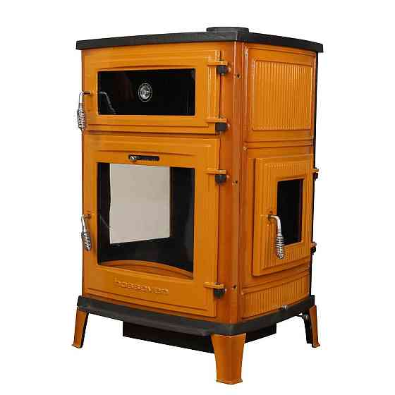 Піч-камін чавунна на дровах з духовкою Hosseven 8000E 13 кВт три скла верхній димохід жовта Київ