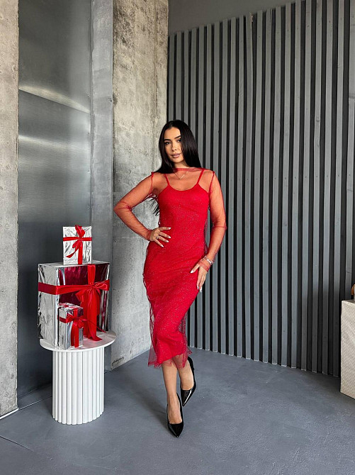 Женская элегантная вечерняя миди-платье вискоза и сетка молния Красный, 46/48 Одесса - изображение 9